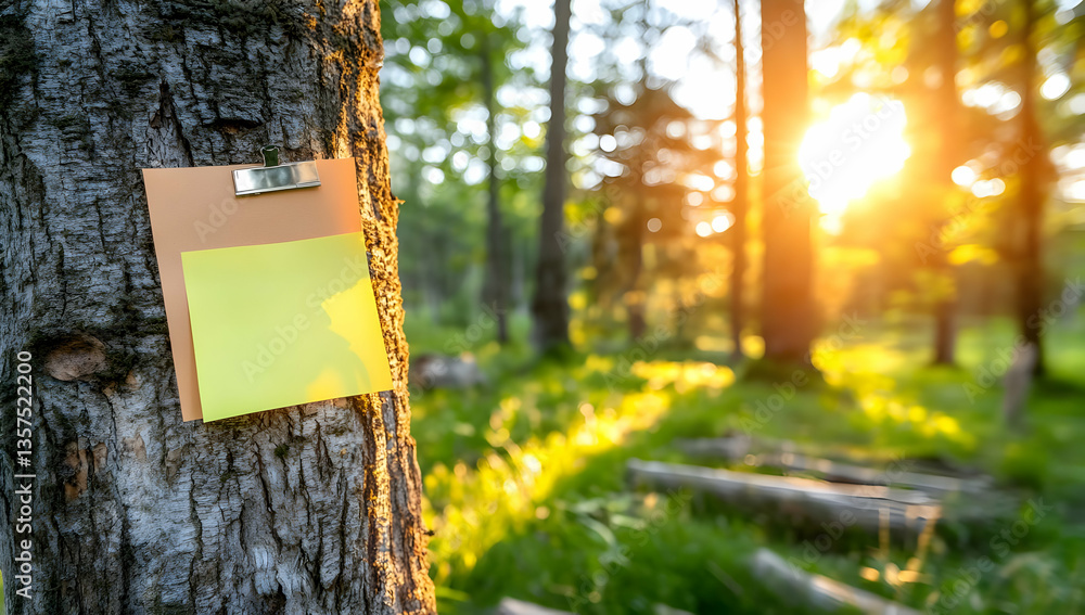 Poster yellow paper note attached to a tree trunk with sunlight streaming through a lush green forest with 