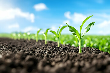 Young Green Corn Plants in Fertile Soil Under Blue Sky in Agricultural Field Growing Neatly with Vibrant Foliage on a Sunny Day Agriculture and Cultivation Concept