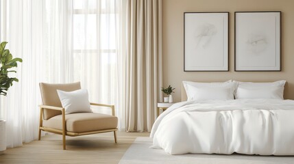 Fototapeta premium A clean, contemporary bedroom with large windows and sheer white curtains