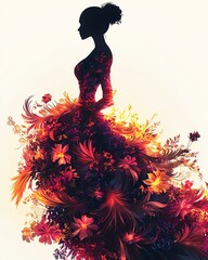 Fototapeta premium Fashion illustration A stunning silhouette of a woman adorned with vibrant flowers, blending nature and fashion in an artistic expression of beauty and elegance.