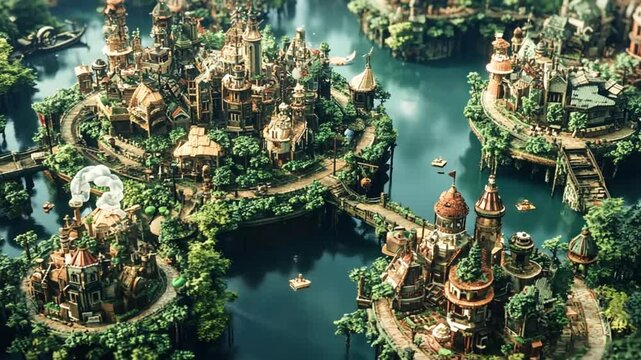 Aerial View of a Whimsical Island City with Lush Green Vegetation and Blue Water