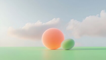 Pastel Spheres on Green Field for Cloudy Sky.