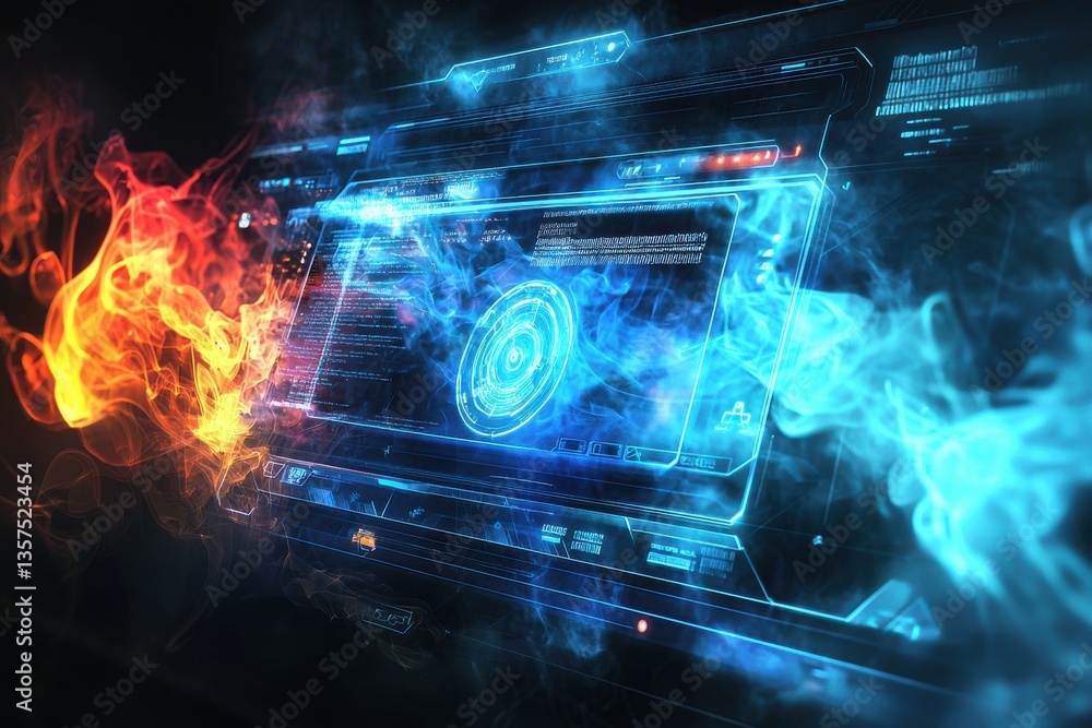 Poster advanced holographic interface displaying data and a targeting system surrounded by fire and ice, sy