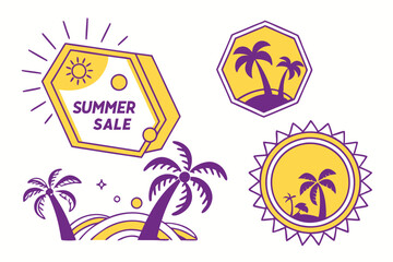 Obraz premium 56 Colorful summer sale stickers, vibrant geometric shapes, bold typography, palm tree motifs, sun icons, retro-inspired design, flat vector graphics, bright yellow and purple colors, promotional badg
