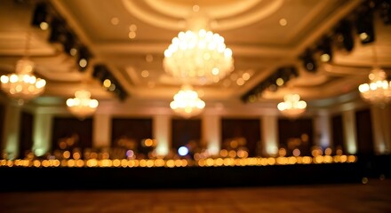 Obraz premium A softly lit New Year's Eve ballroom with blurred glittering chandeliers, Ai Generated