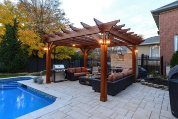 Outdoor wooden pergola with seating, patio, pool, and grill area at dusk