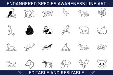Endangered Species Line Art Editable, Resizable Icons Set
