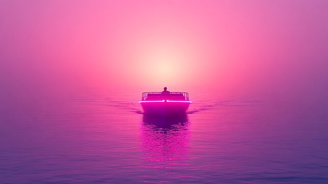 Pink boat sailing into sunset.