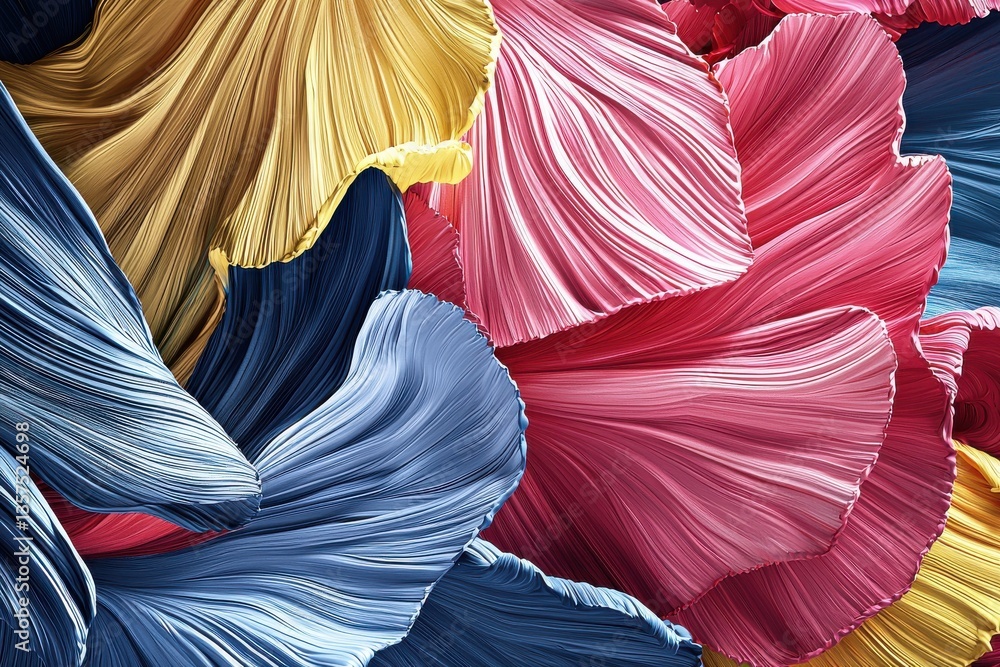 Aufkleber a vibrant abstract composition featuring layered, fan-like shapes in blue, pink and yellow, creating