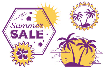 56 Colorful summer sale stickers, vibrant geometric shapes, bold typography, palm tree motifs, sun icons, retro-inspired design, flat vector graphics, bright yellow and purple colors, promotional badg
