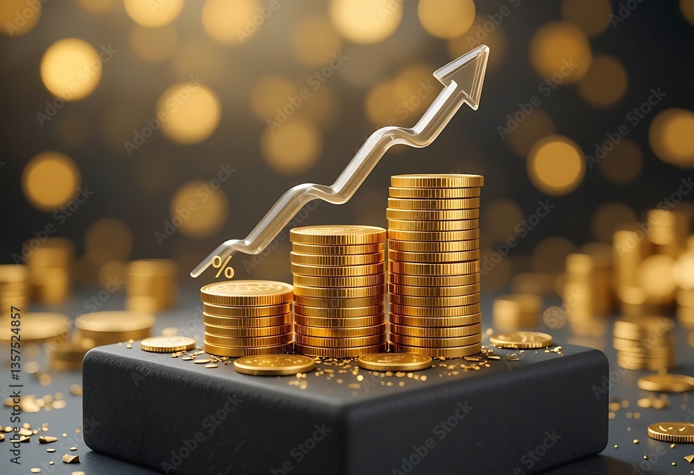 Poster stacks of golden coins with a transparent upward arrow on a black surface with bokeh lights