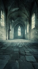 Interior of a Medieval Church with Rough Stone and Gothic Architecture