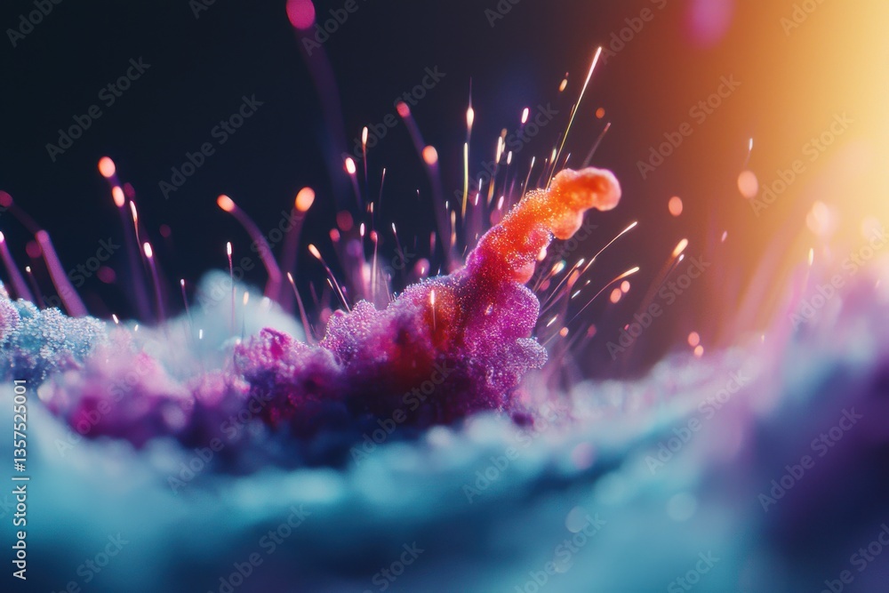 Poster abstract macro image of a colorful explosion with vibrant particles and light trails, displaying a u