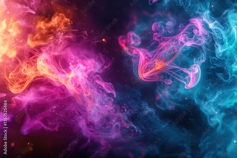Poster colorful abstract nebula clouds floating in dark space with vibrant pink and blue light, perfect for