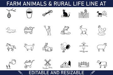 Farm Animals Rural Life Line Icons Editable Resizable Set