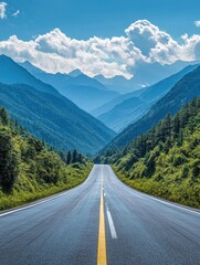 Fototapeta premium Scenic Mountain Road Journey Under Blue Sky with Fluffy Clouds and Lush Greenery in Serene Landscape