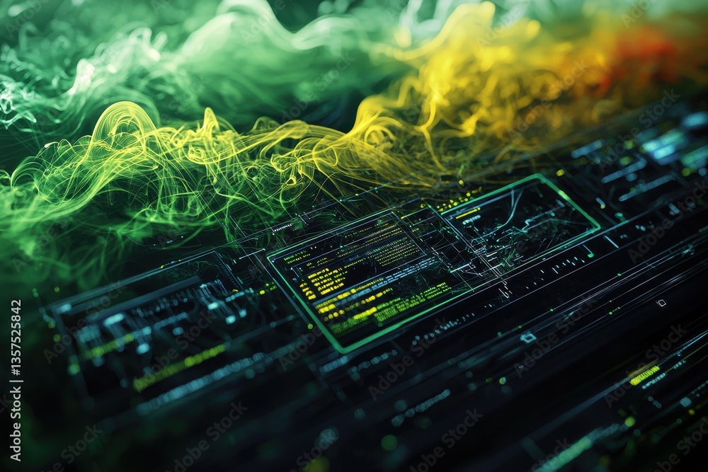 Aufkleber an abstract, artistic representation of a digital interface interwoven with wisps of green and yello