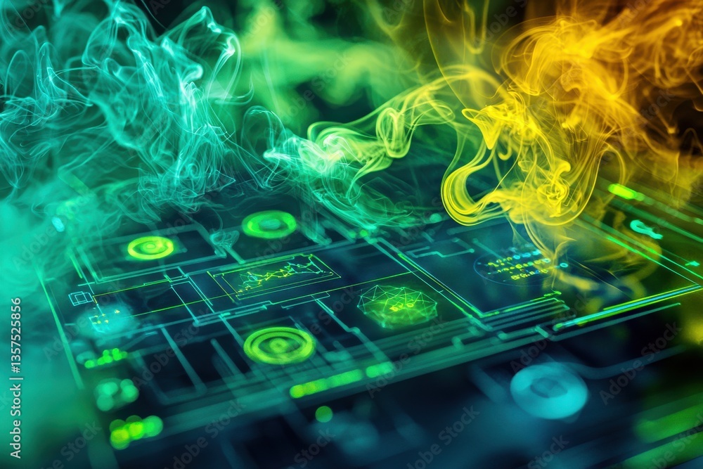 Poster abstract technology artwork: a circuit board interface with glowing green and yellow accents is over