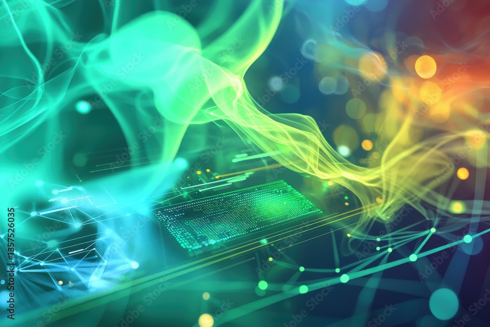 Poster an ethereal blend of technology and artistry: circuit board with glowing data streams and wisps of s
