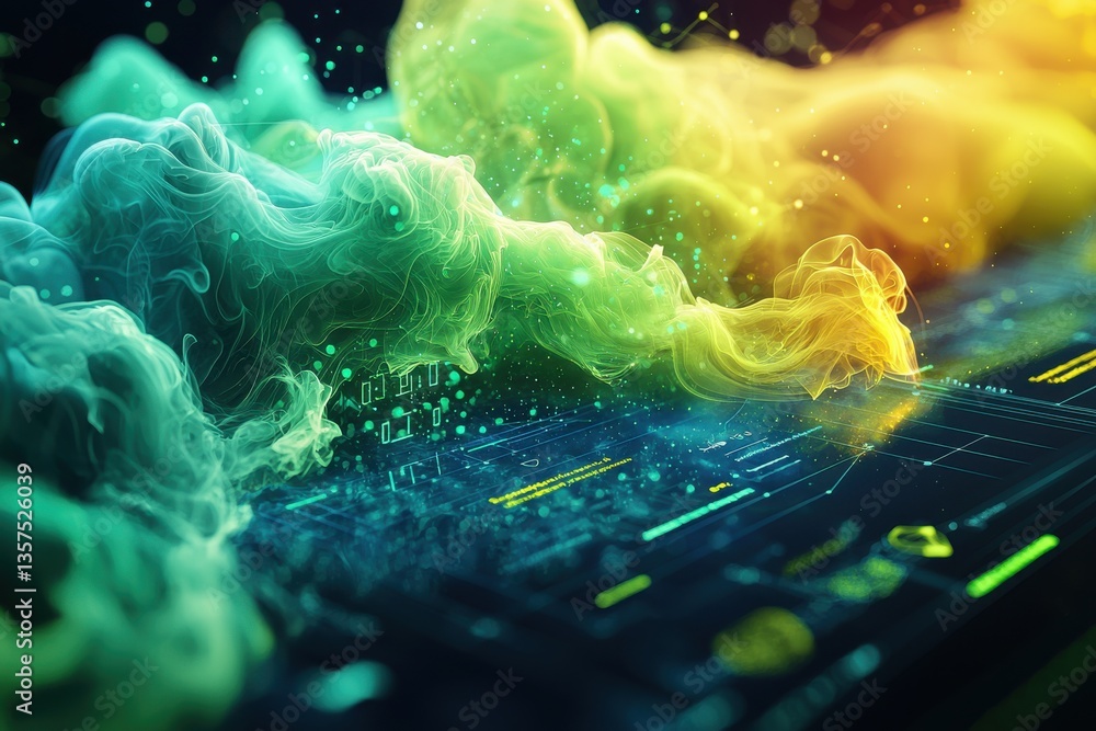 Poster a dynamic, abstract representation of data processing with flowing colorful smoke, overlaid on a com
