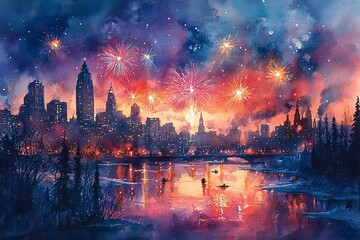 Obraz premium Snowy Urban Landscape Glows with Magical Fireworks on New Year's Eve