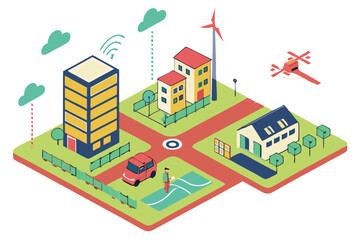 Fototapeta premium 57 Isometric smart city elements, renewable energy sources, wind turbines, solar panels, electric vehicles, green spaces, drone delivery, sustainable buildings, futuristic urban planning, clean techno