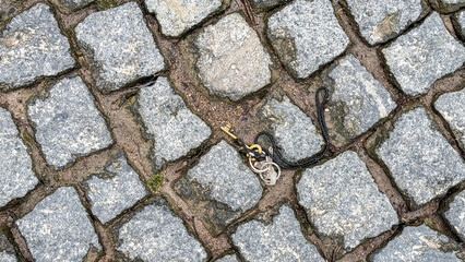 Lost keys on cobblestone street, symbolizing travel, missed opportunities, and urban exploration background