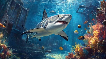 Fototapeta premium Majestic Great White Shark Amidst a Sunken Ship and Vibrant Coral Reef