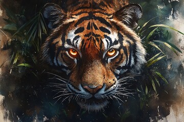 Beautiful watercolor painting of a striking tiger in the jungle