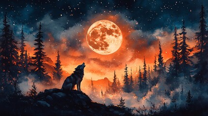 Fototapeta premium Enchanting scene of a wolf howling under a starry midnight sky