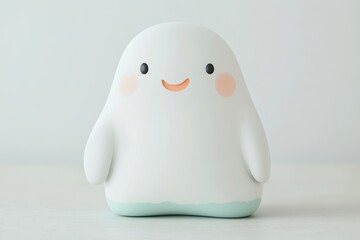 Cute ghost figurine.  Soft, friendly, and whimsical.  A light gray, almost white, friendly ghost.  Pastel accents