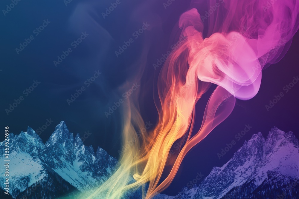 Poster abstract mountain landscape with colorful smoke and gradient background, creating a surreal and vibr