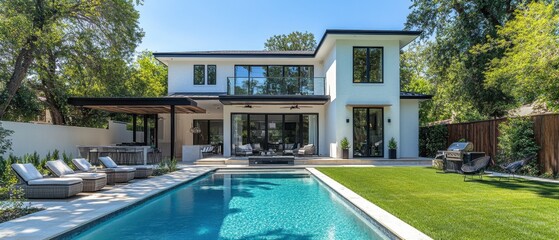 Fototapeta premium Serene modern home exterior with a sparkling turquoise pool surrounded by lush greenery and comfortable lounge chairs on a sunny day showcasing luxury living