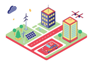 Obraz premium 57 Isometric smart city elements, renewable energy sources, wind turbines, solar panels, electric vehicles, green spaces, drone delivery, sustainable buildings, futuristic urban planning, clean techno