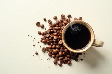 Naklejka premium Aromatic coffee cup with steam rising above, nestled amongst a scattering of freshly roasted coffee beans on a neutral background