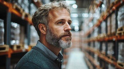 A man stands thoughtfully in a spacious warehouse, analyzing the organized inventory amidst towering storage racks filled with various cargo and freight, reflecting a busy logistics environment.