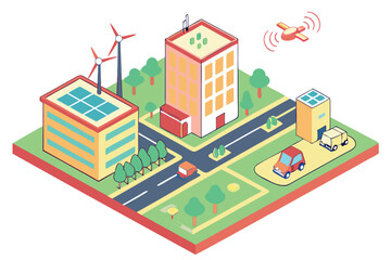 57 Isometric smart city elements, renewable energy sources, wind turbines, solar panels, electric vehicles, green spaces, drone delivery, sustainable buildings, futuristic urban planning, clean techno