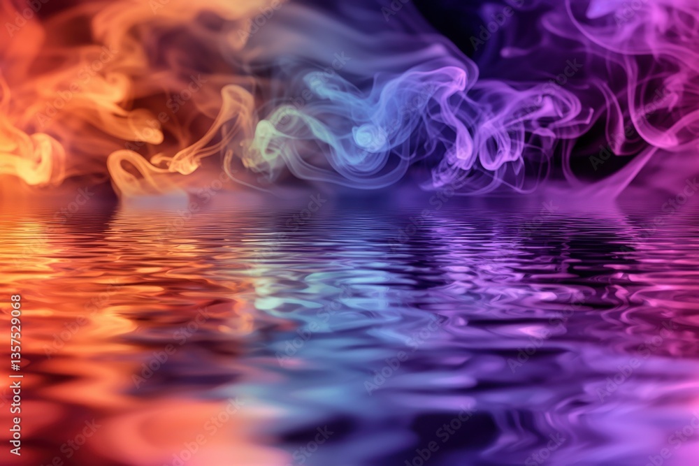 Poster a vibrant and dynamic composition featuring colorful smoke over rippling water, with reflections cre