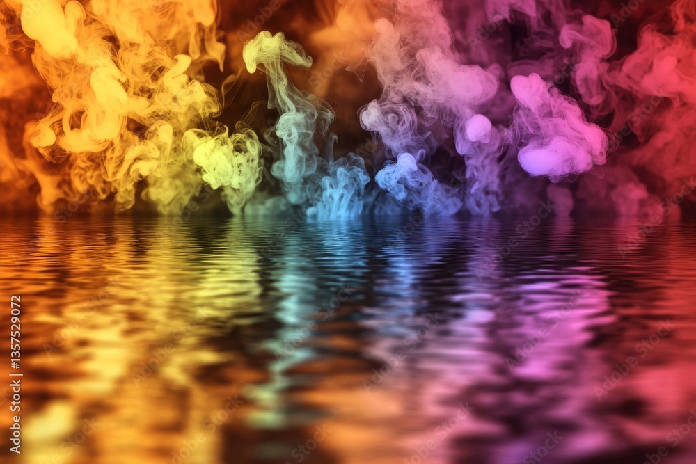 Poster an abstract image of colorful smoke reflecting over water, creating a vibrant and mystical atmospher