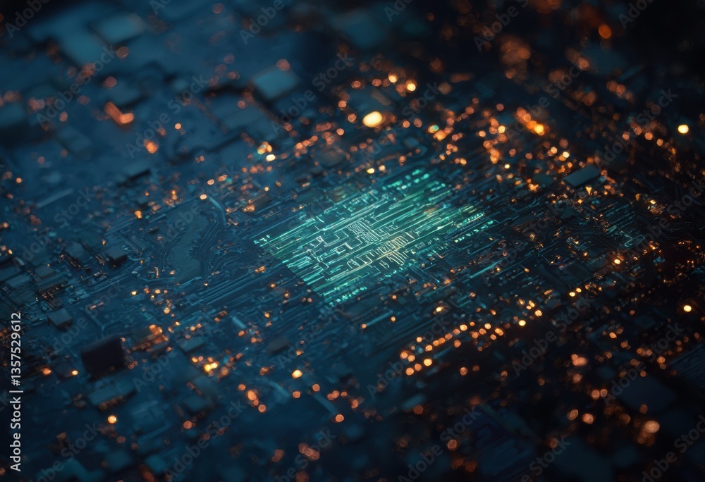 Leinwandbilder an image of a microchip on a circuit board with various electronic components and wires visible.