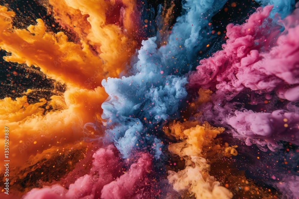 Poster vibrant explosion of colored smoke with orange, blue and pink hues mixing dynamically, creating an a