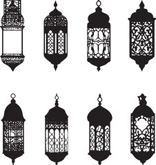 Elegant Ramadan and Eid Mubarak lanterns drawing silhouette set
