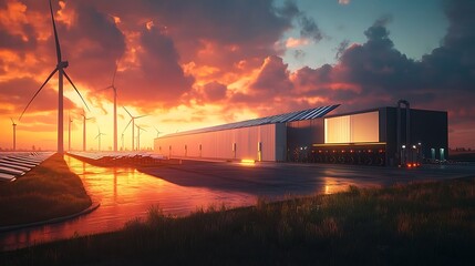 Fototapeta premium Sunset Over Renewable Energy Facility, A dramatic sunset over a renewable energy facility with solar panels and wind turbines