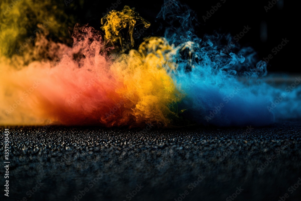 Poster abstract colorful smoke swirls on a textured surface against a dark background, creating a dynamic, 