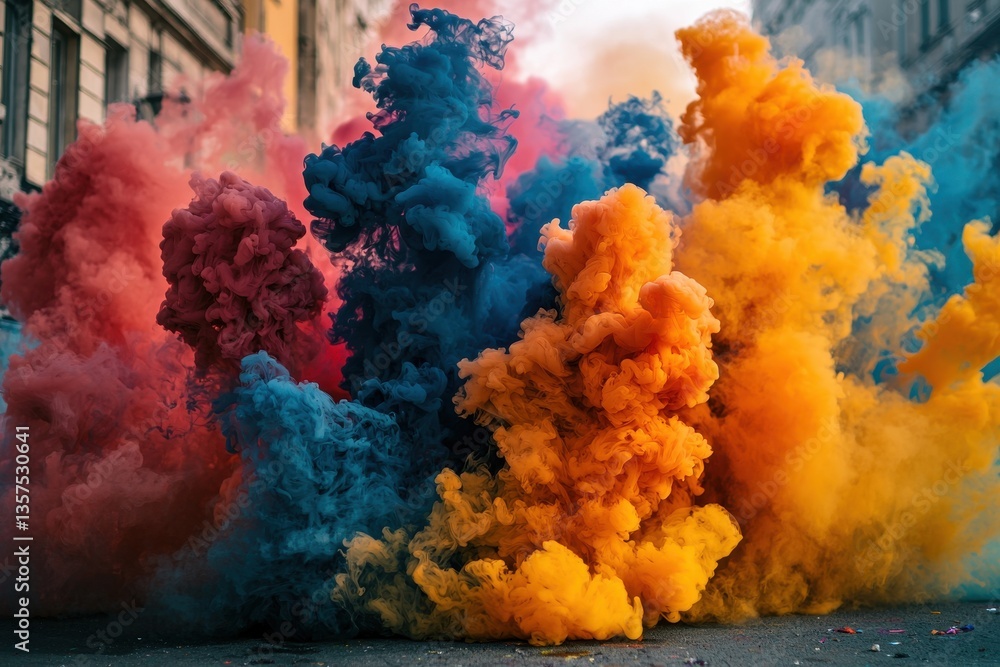 Poster explosion of vibrant colorful smoke in an urban environment creating a dynamic, expressive and capti
