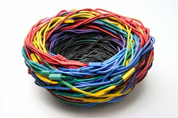 Multicolored ethernet cables forming a circular woven pattern