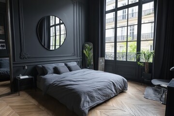 Parisian Dark Bedroom Interior with Large Window