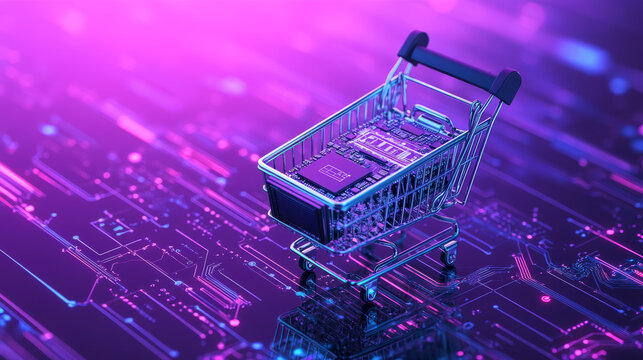 A marketing concept integrating artificial intelligence, highlighting AI-driven business development systems. Depicts a shopping cart with an AI PCB chip on a violet background