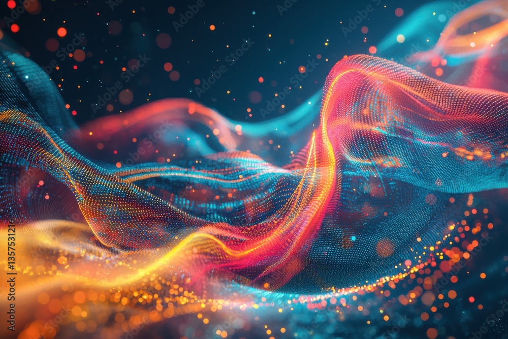Fototapete Abstract technological background with glowing particles forming a flowing wave pattern, creating a futuristic and dynamic visual effect with vibrant colors and soft bokeh.