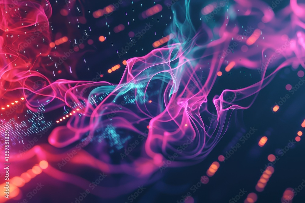 Poster dynamic abstract visualization of digital data streams with glowing neon lines and dots, creating a 